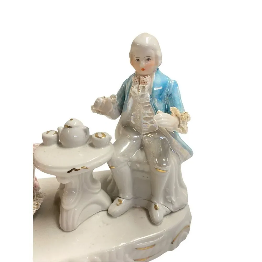 Porcelain Colonial Man & Woman Tea‎ Time Spaghetti Lace & Poodle Figurine